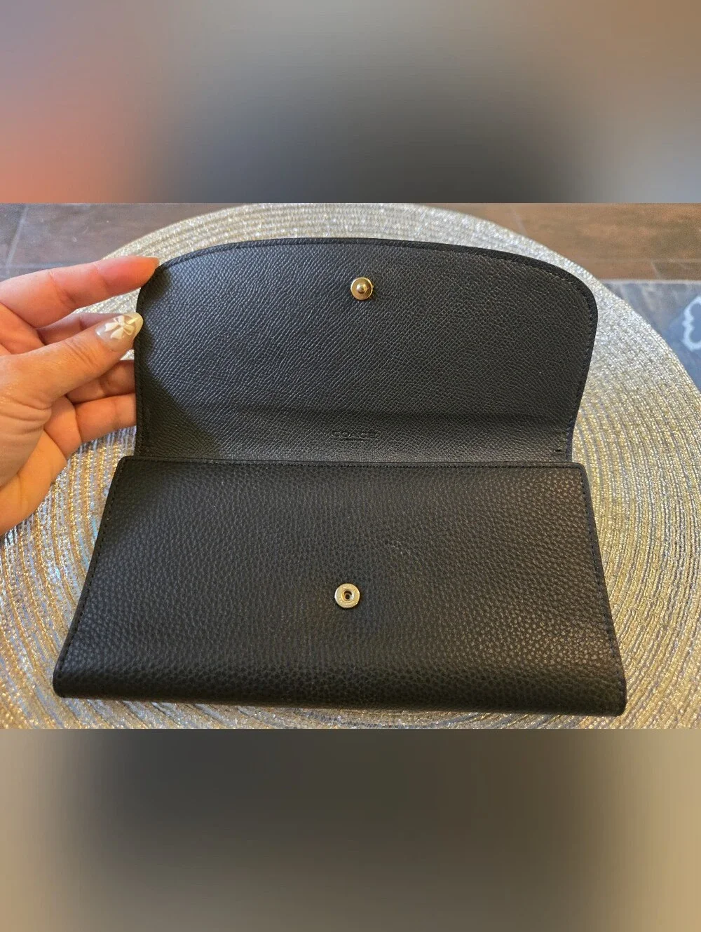 Coach Black Polished Pebbled Leather Flap Envelope Long Wallet F16613